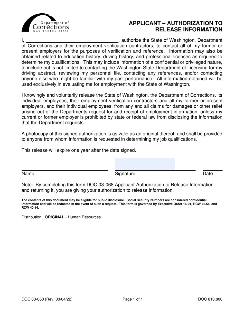 Form DOC03-068 Applicant - Authorization to Release Information - Washington, Page 1