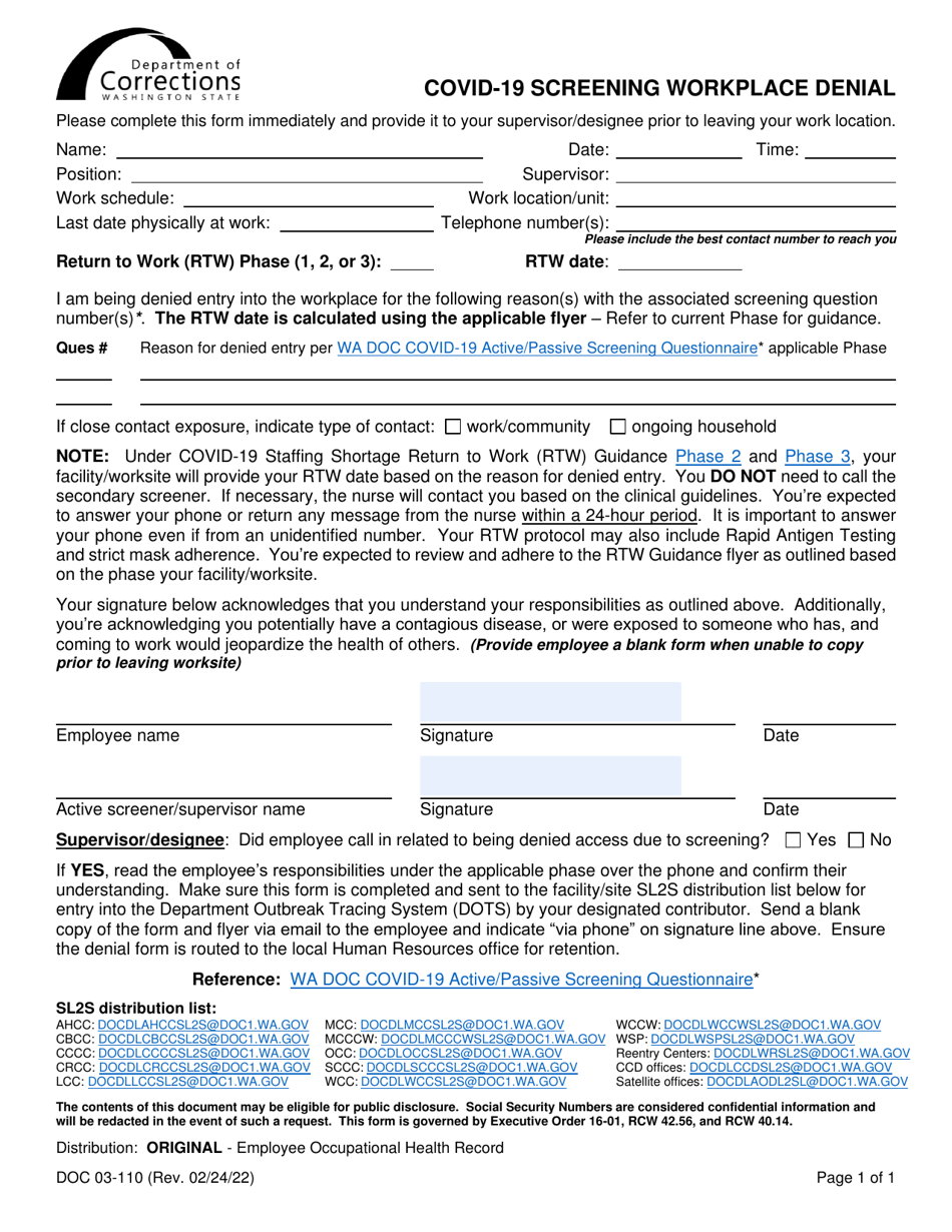 Form DOC03-110 Covid-19 Screening Workplace Denial - Washington, Page 1