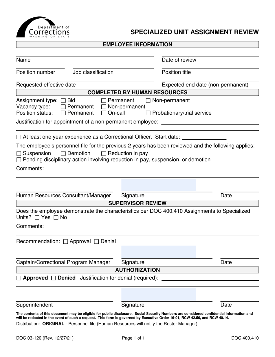 Form DOC03-120 Specialized Unit Assignment Review - Washington, Page 1