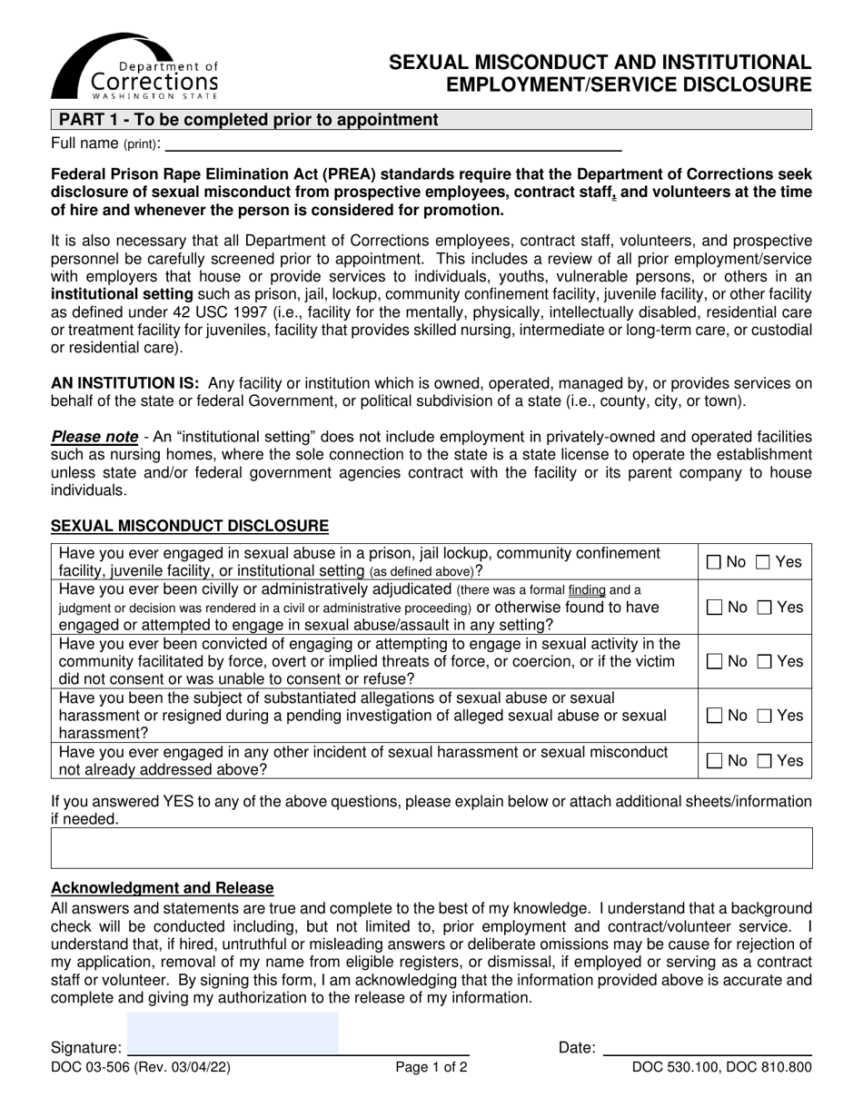 Form DOC03-506 Sexual Misconduct and Institutional Employment / Service Disclosure - Washington, Page 1