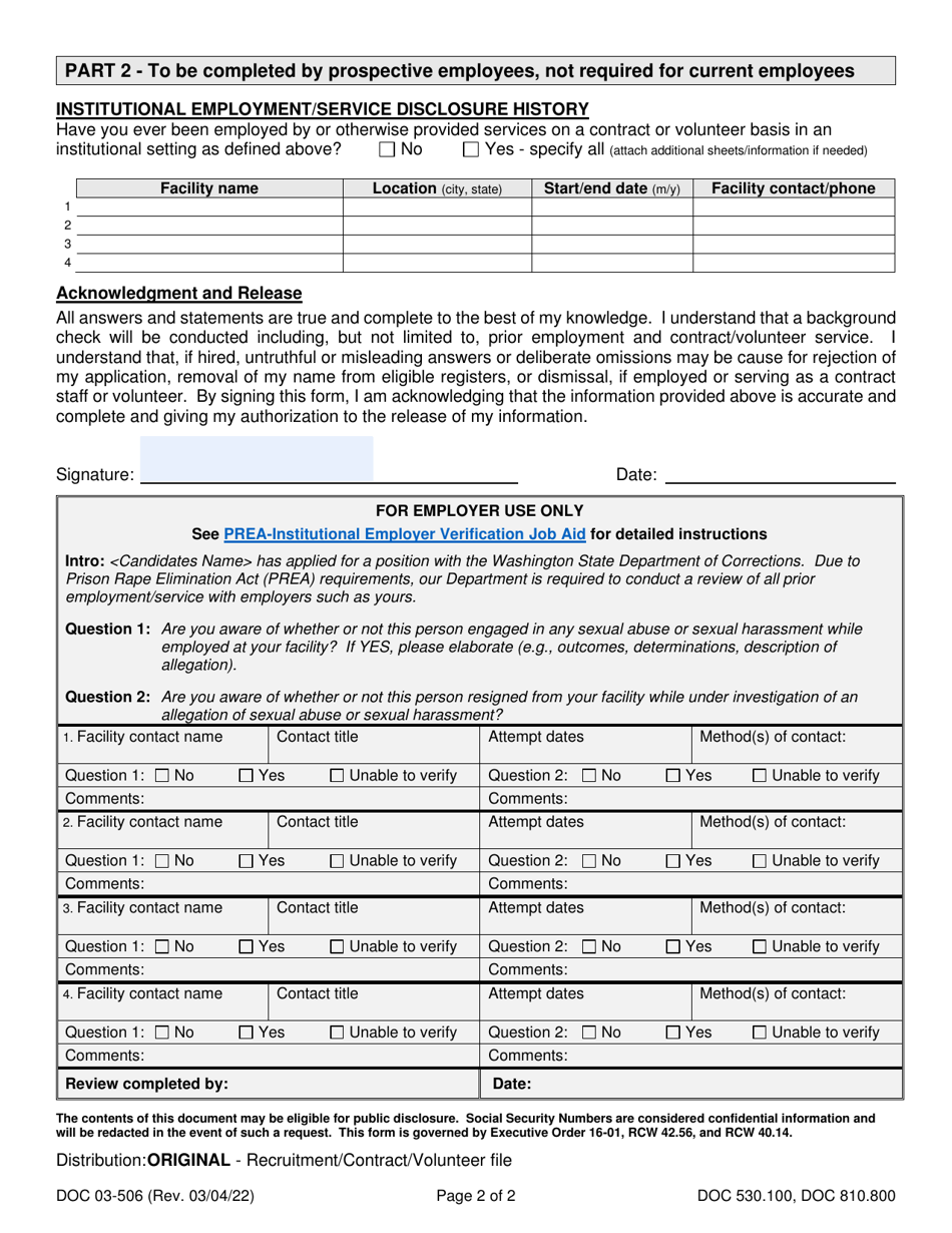 Form DOC03-506 Sexual Misconduct and Institutional Employment / Service Disclosure - Washington, Page 2