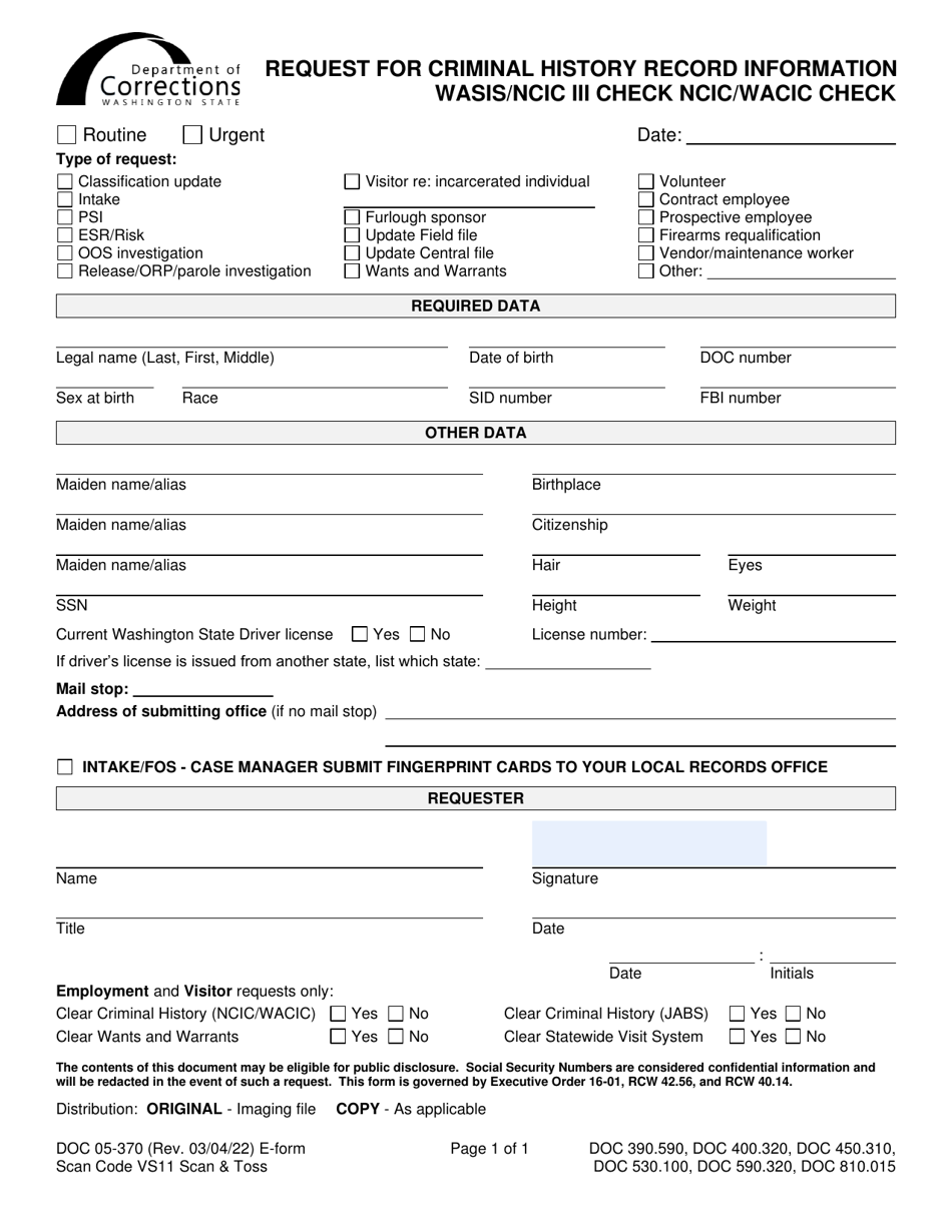 Form DOC05-370 Request for Criminal History Record Information Wasis / Ncic Iii Check Ncic / Wacic Check - Washington, Page 1