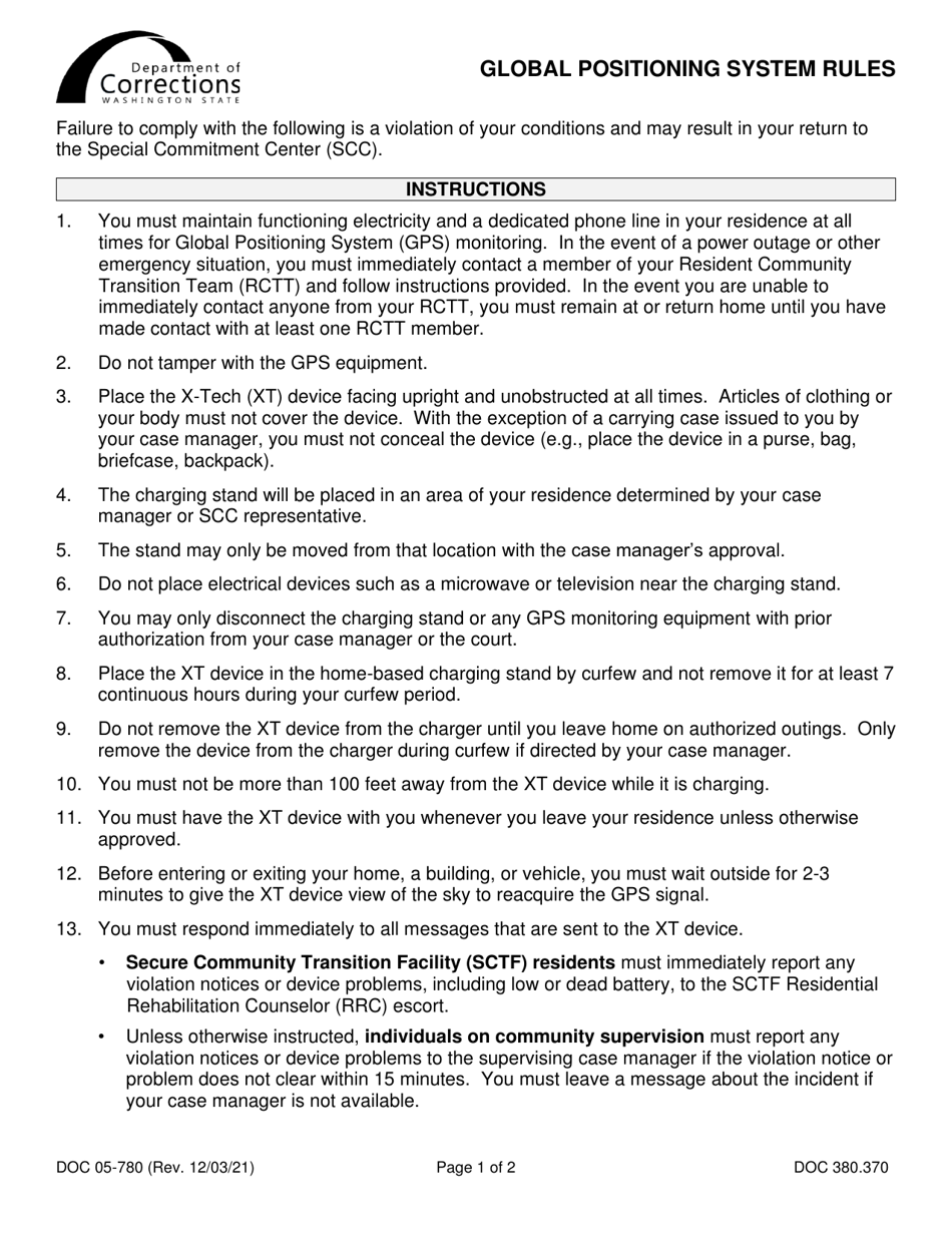 Form DOC05-780 Global Positioning System Rules - Washington, Page 1