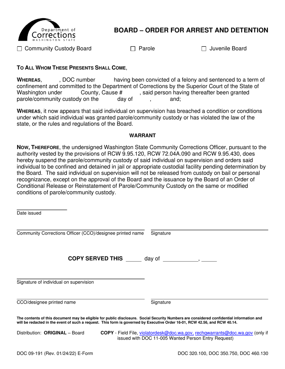 Form DOC09-191 Board - Order for Arrest and Detention - Washington, Page 1