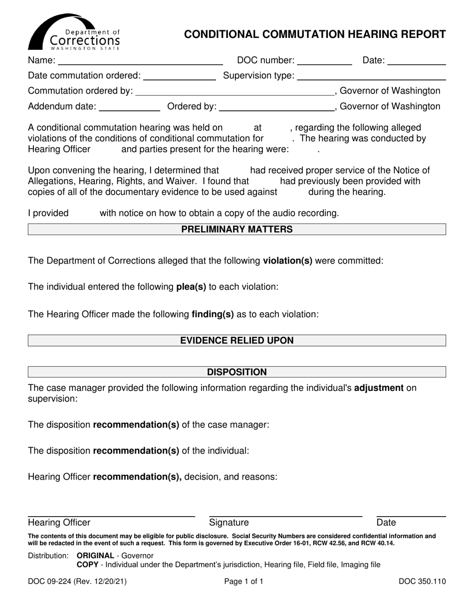 Form DOC09-224 Conditional Commutation Hearing Report - Washington, Page 1