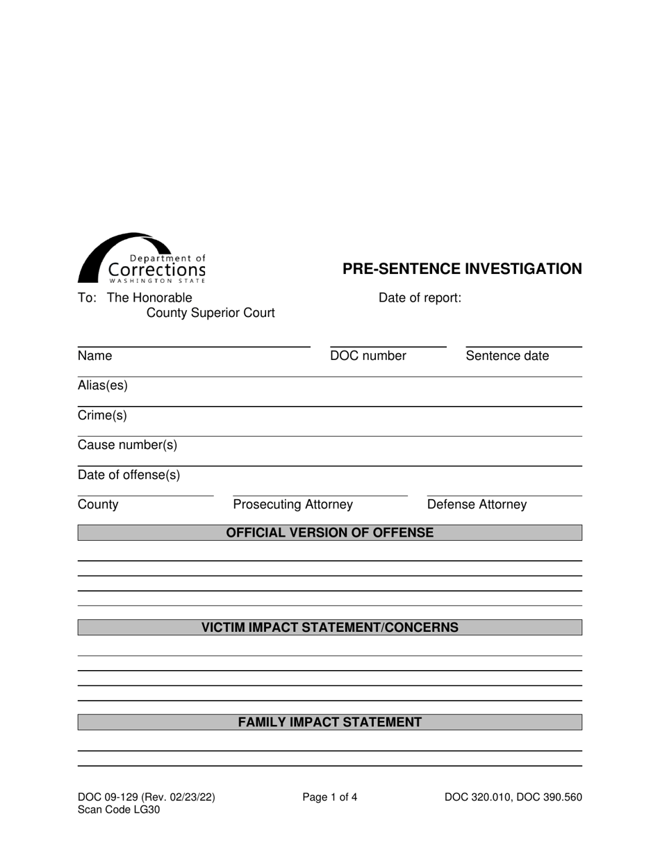 Form DOC09-129 Pre-sentence Investigation - Washington, Page 1