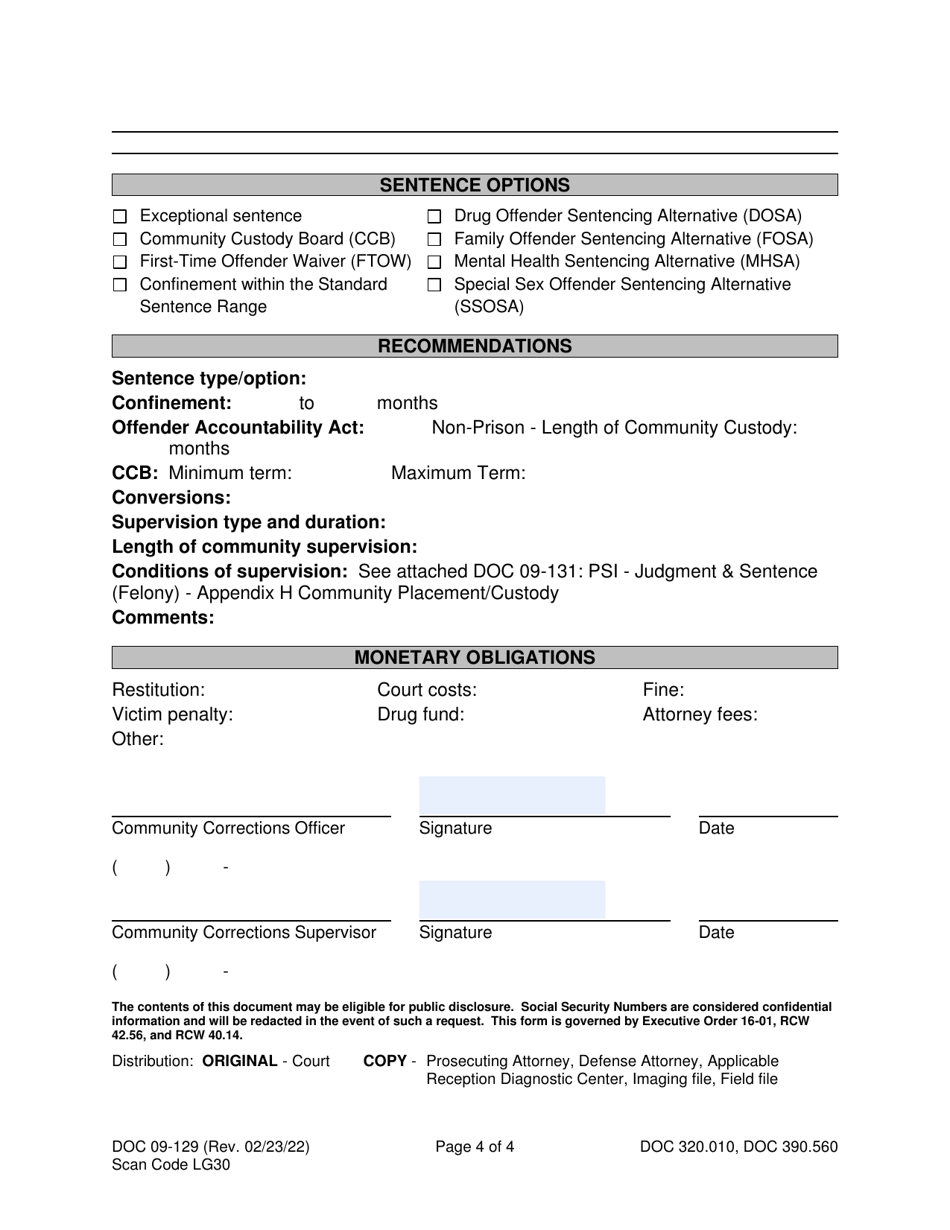 Form DOC09-129 Pre-sentence Investigation - Washington, Page 4
