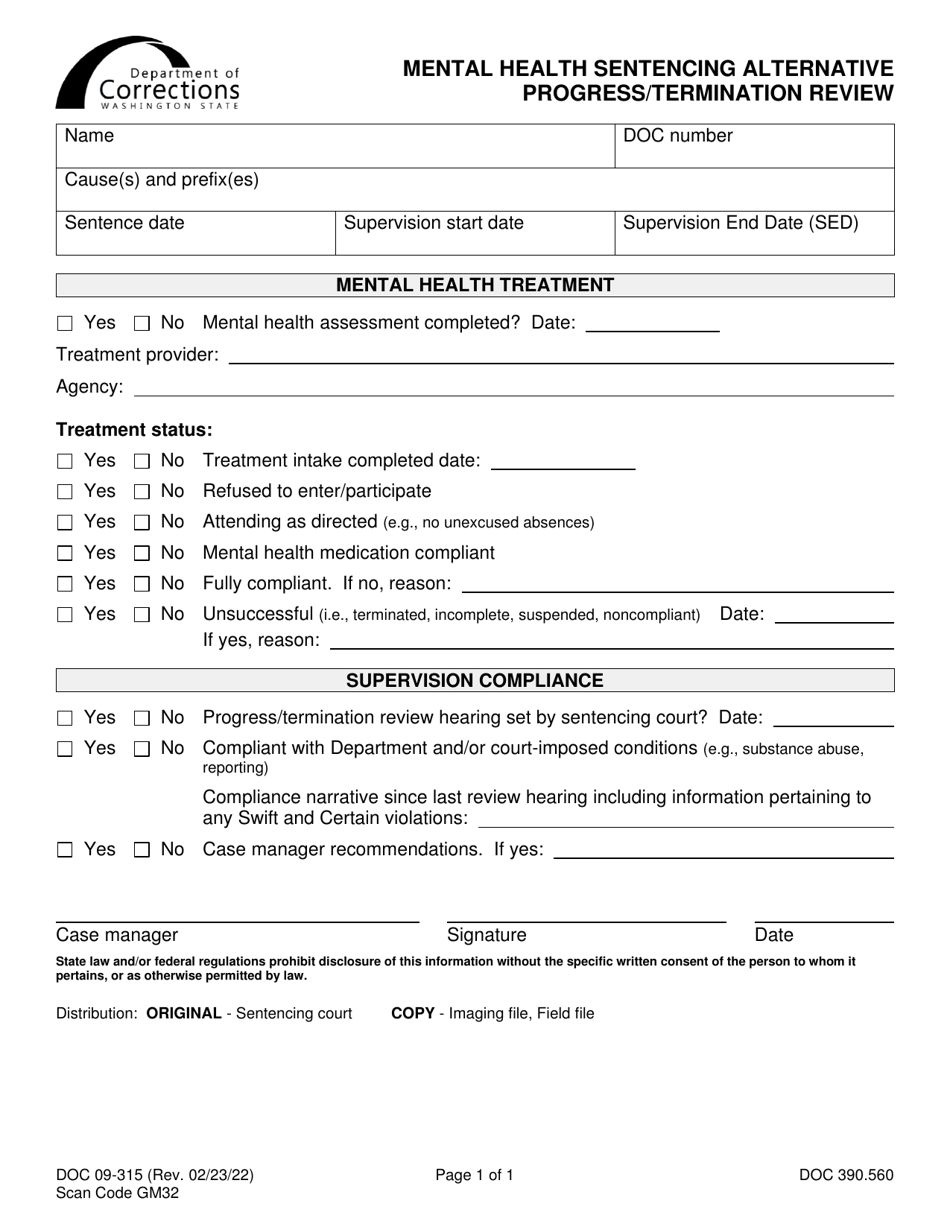 Form DOC09-315 Mental Health Sentencing Alternative Progress / Termination Review - Washington, Page 1