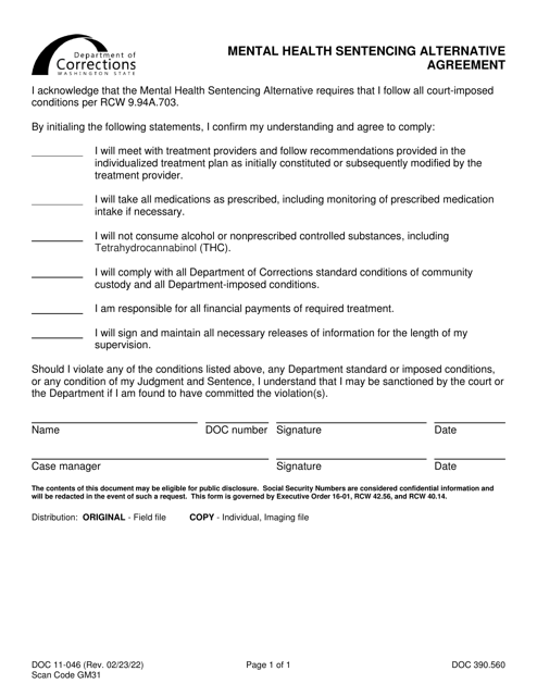 Form DOC11-046 Mental Health Sentencing Alternative Agreement - Washington