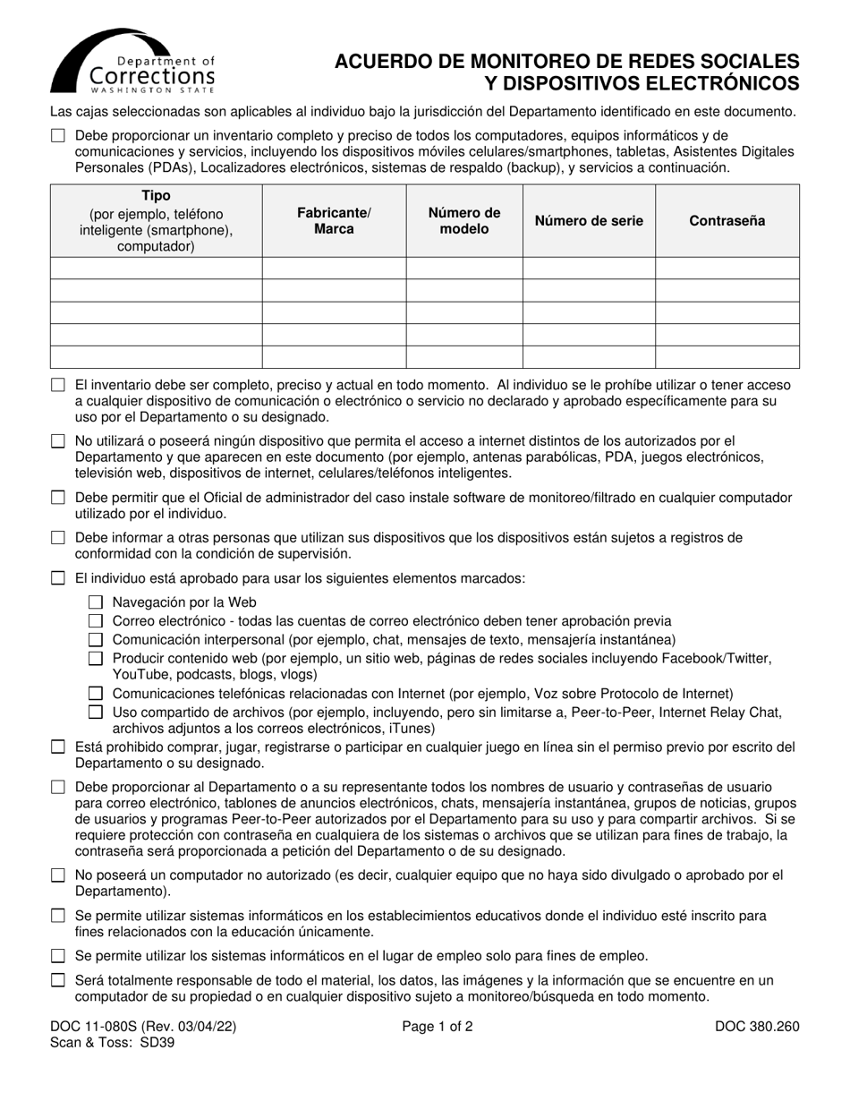 Formulario DOC11-080S Acuerdo De Monitoreo De Redes Sociales Y Dispositivos Electronicos - Washington (Spanish), Page 1