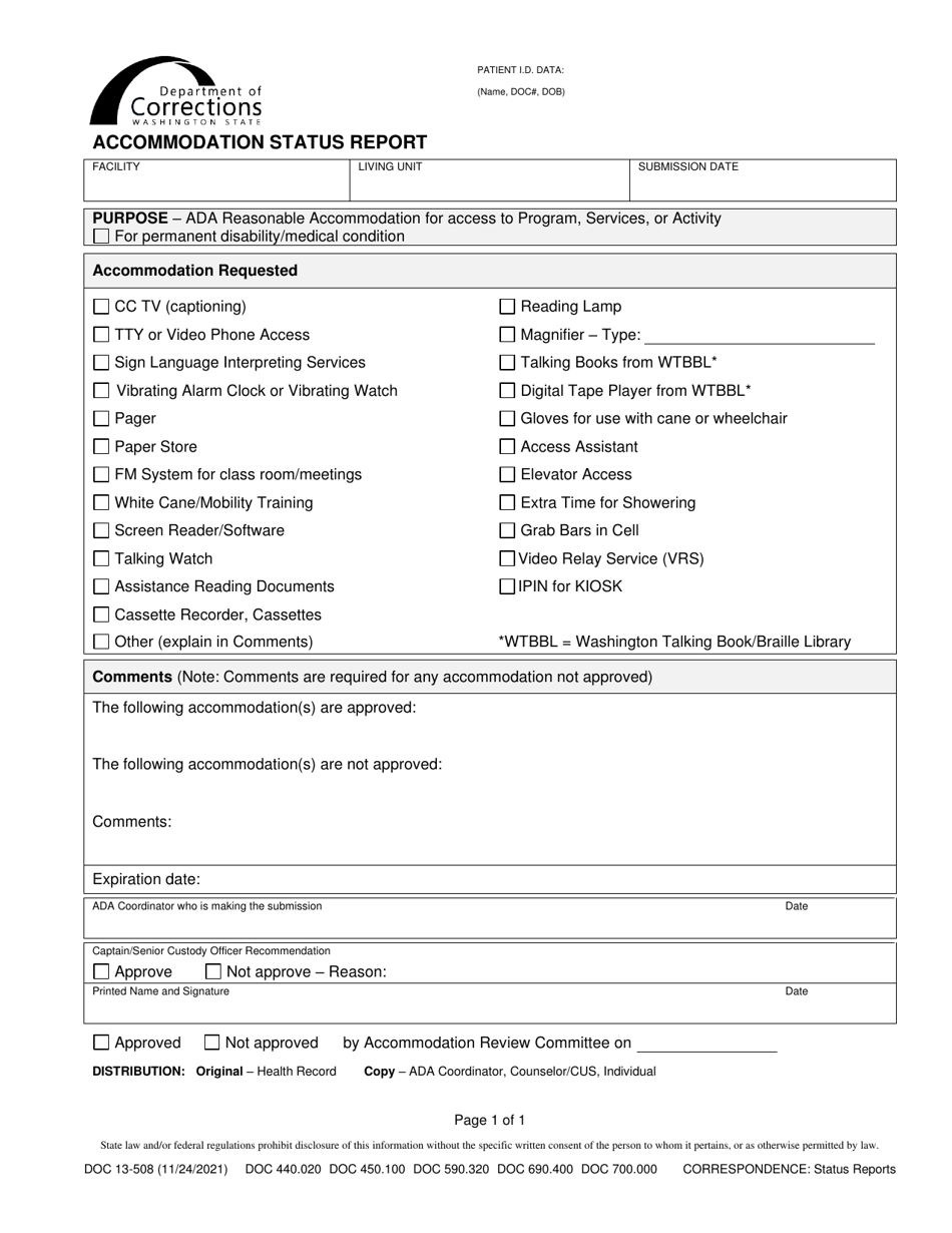 Form DOC13-508 Accommodation Status Report - Washington, Page 1