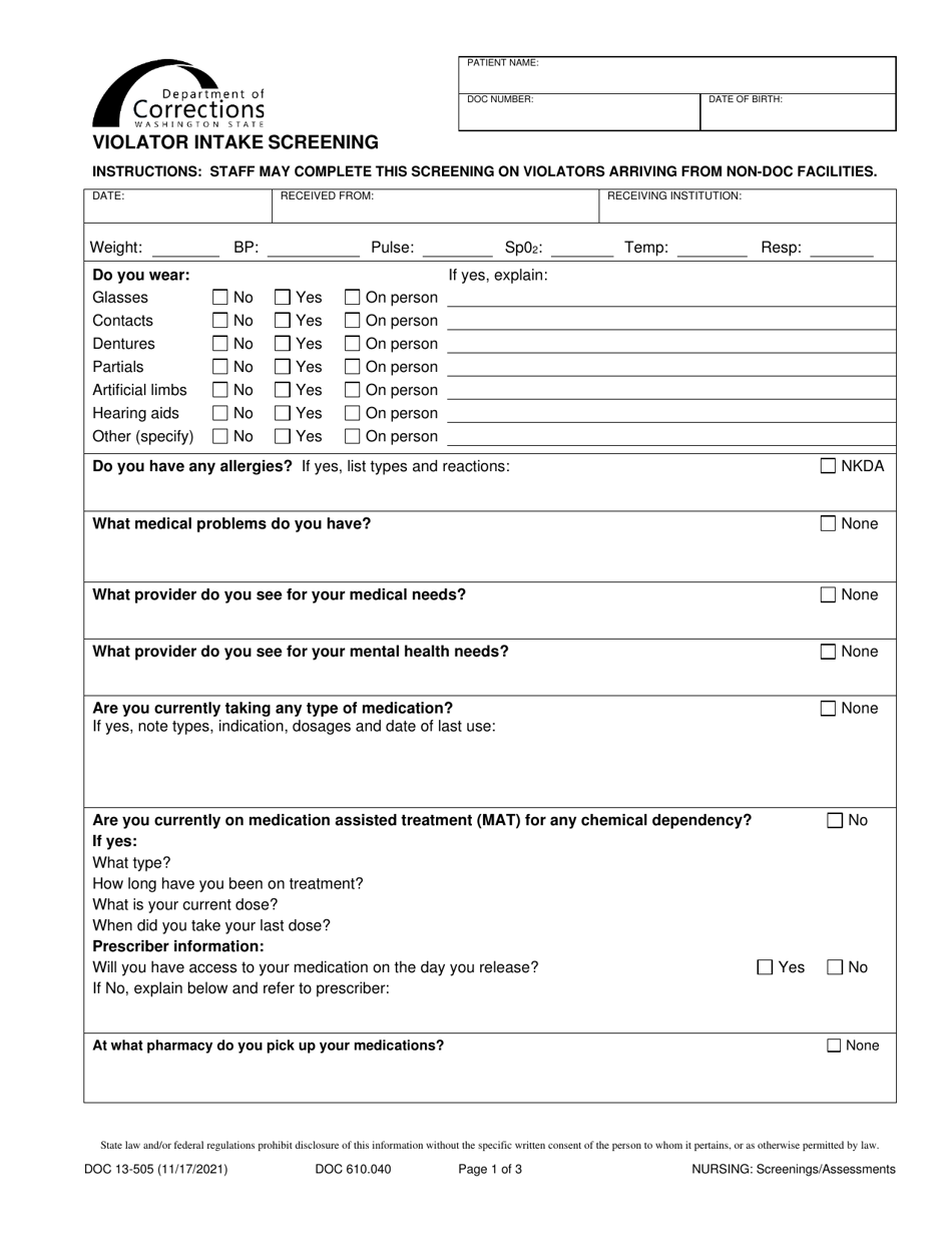 Form DOC13-505 Violator Intake Screening - Washington, Page 1