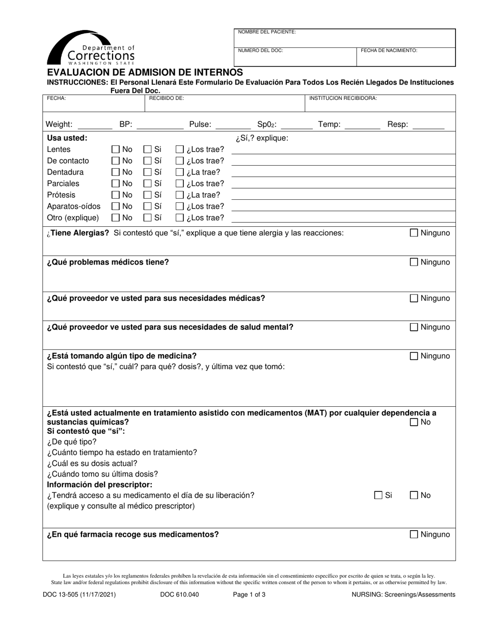 Formulario DOC13-505S Evaluacion De Admision De Internos - Washington (Spanish), Page 1