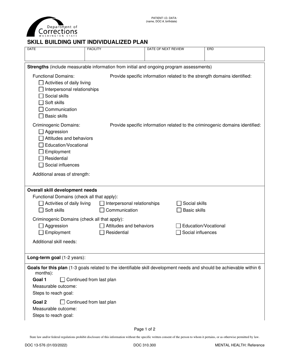 Form DOC13-576 Skill Building Unit Individualized Plan - Washington, Page 1