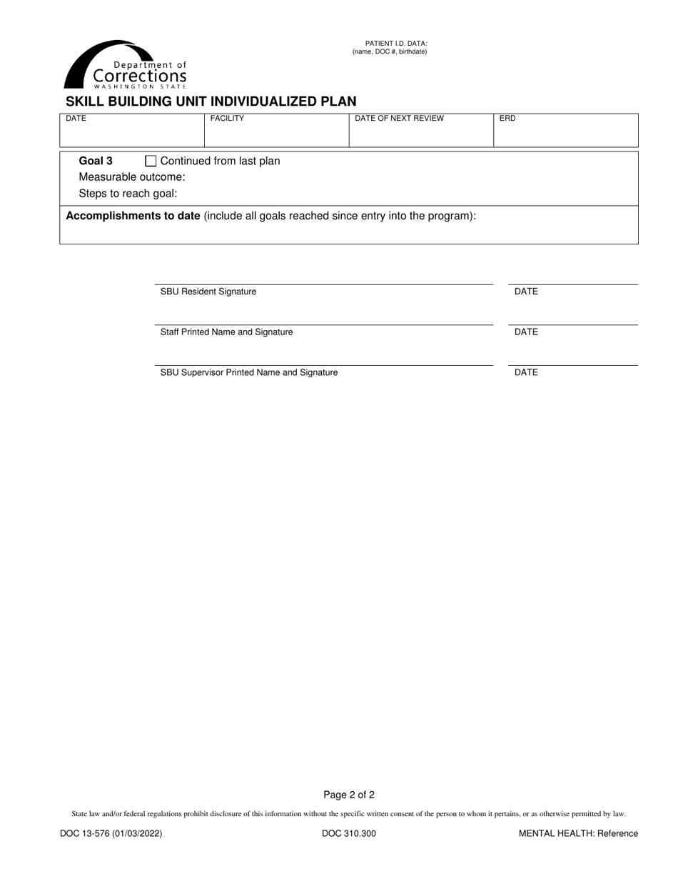 Form DOC13-576 Skill Building Unit Individualized Plan - Washington, Page 2