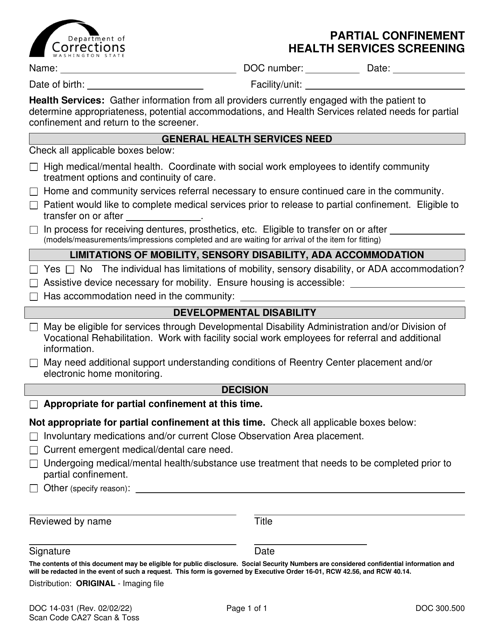 Form DOC14-031 Partial Confinement Health Services Screening - Washington