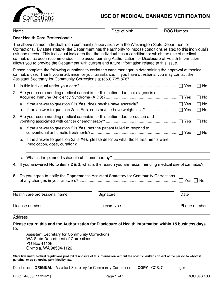 Form DOC14-053 Use of Medical Cannabis Verification - Washington, Page 1