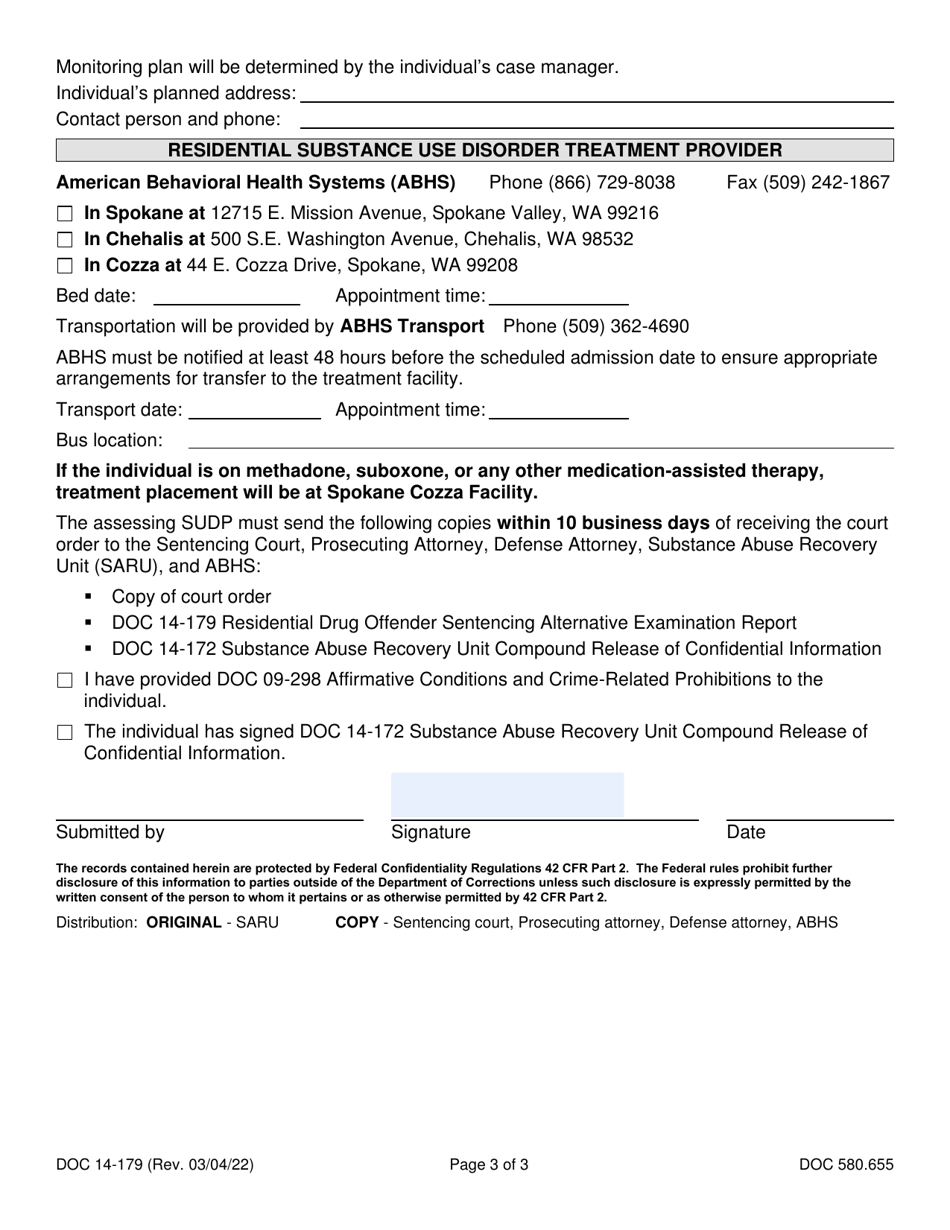 Form DOC14-179 Residential Drug Offender Sentencing Alternative Examination Report - Washington, Page 3