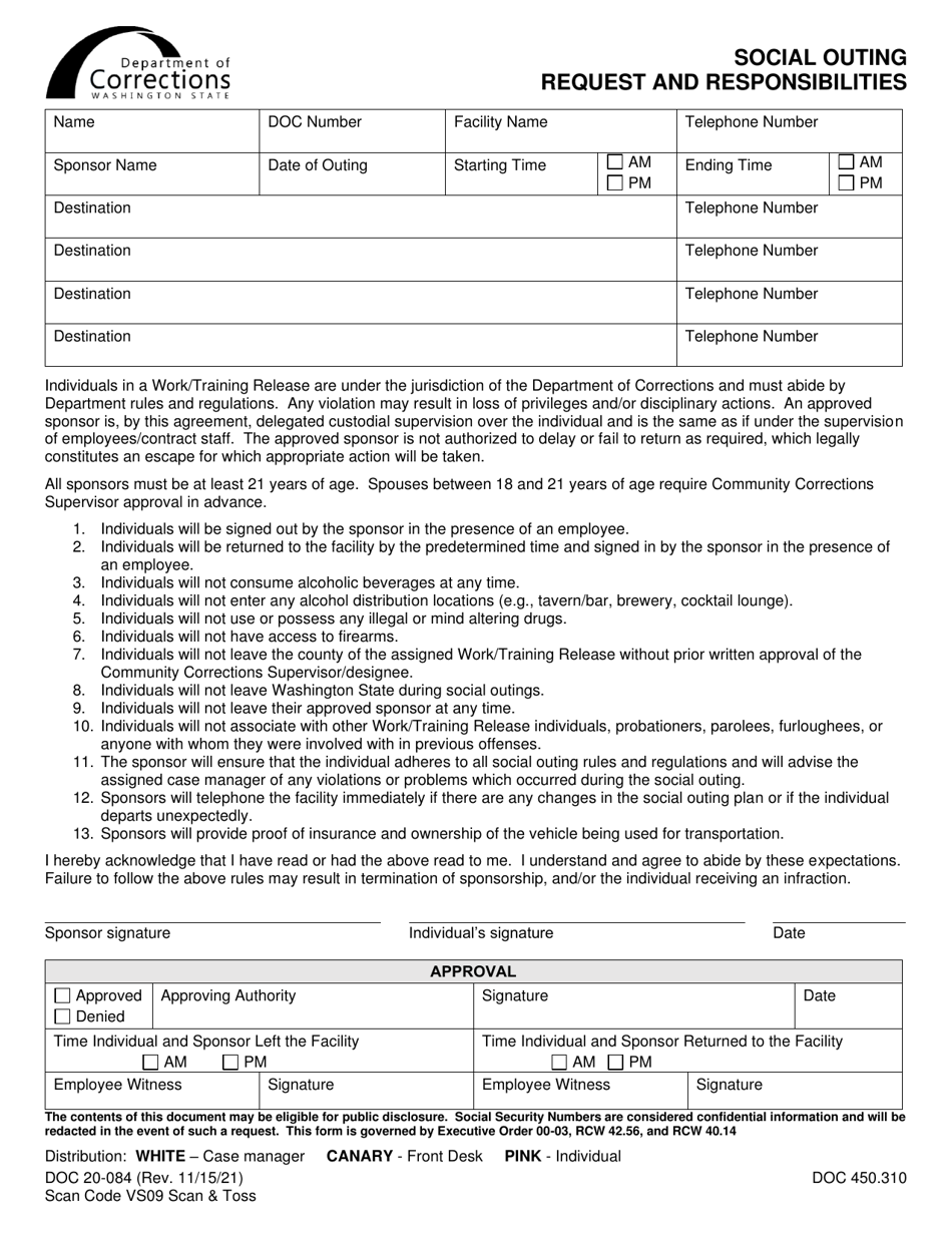 Form DOC20-084 Social Outing Request and Responsibilities - Washington, Page 1