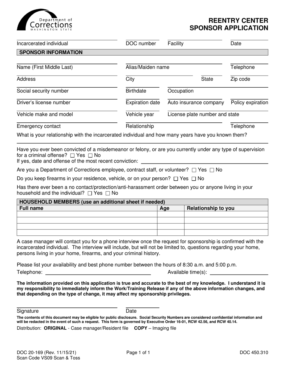 Form DOC20-169 Reentry Center Sponsor Application - Washington, Page 1