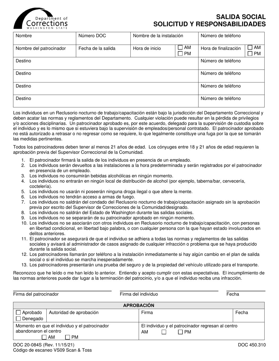 Formulario DOC20-084S Salida Social Solicitud Y Responsabilidades - Washington (Spanish), Page 1