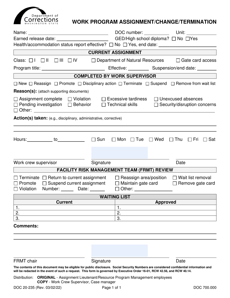 Form DOC20-235 Download Printable PDF or Fill Online Work Program ...