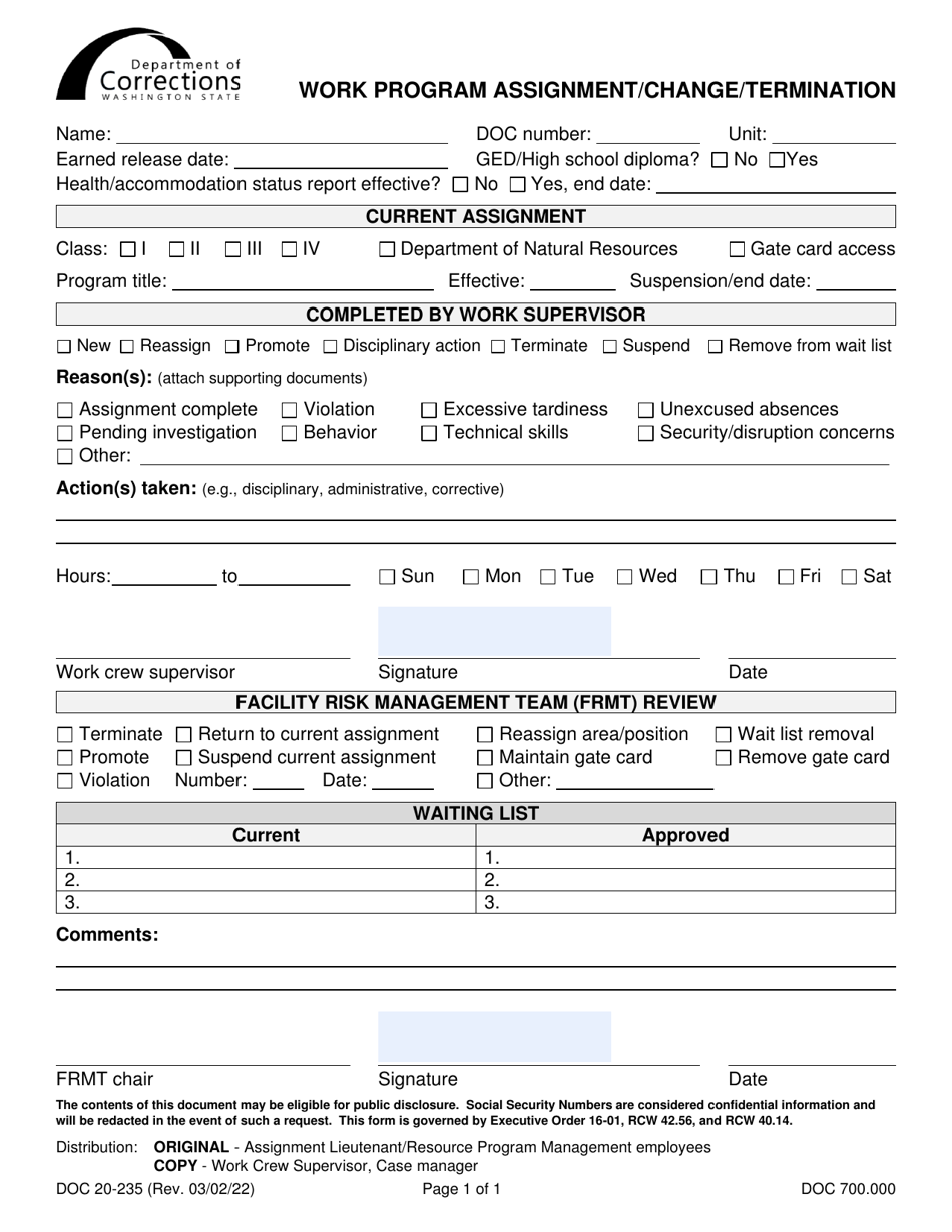 Form DOC20-235 Work Program Assignment / Change / Termination - Washington, Page 1