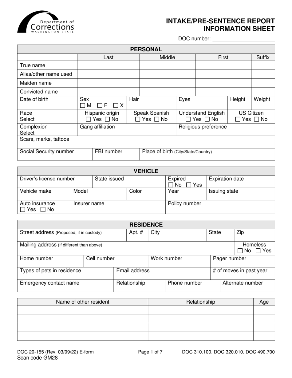 Form DOC20-155 Intake / Pre-sentence Report Information Sheet - Washington, Page 1