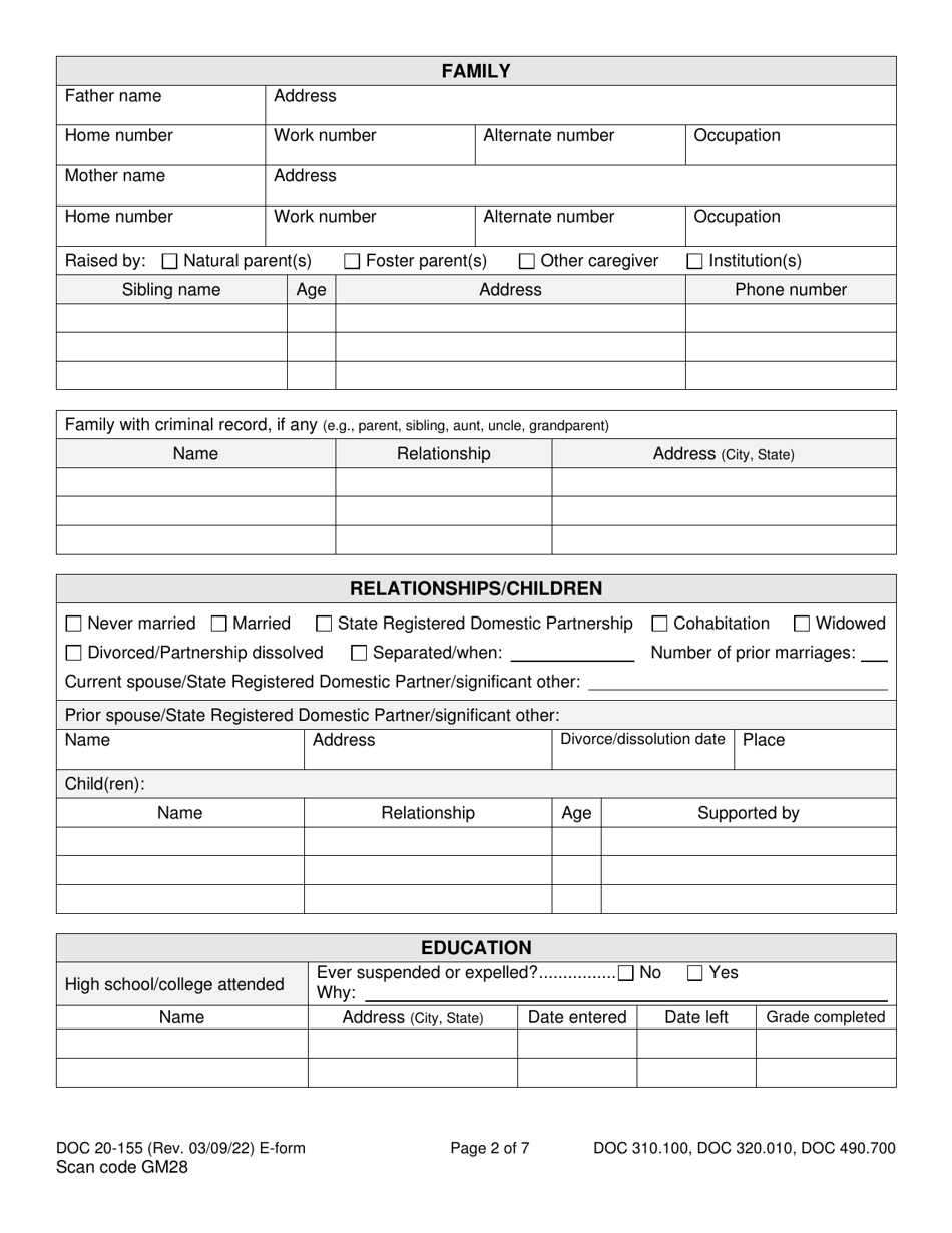 Form DOC20-155 Intake / Pre-sentence Report Information Sheet - Washington, Page 2