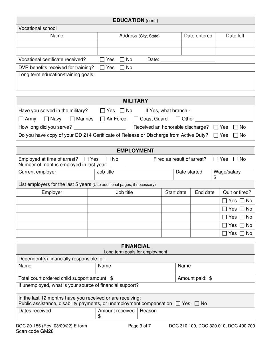 Form DOC20-155 Intake / Pre-sentence Report Information Sheet - Washington, Page 3