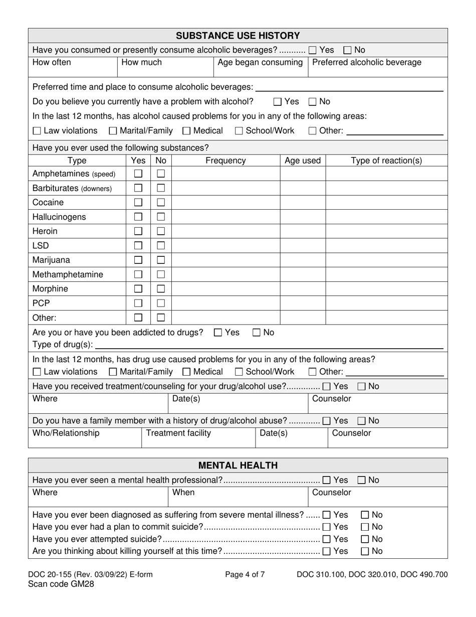 Form DOC20-155 Intake / Pre-sentence Report Information Sheet - Washington, Page 4