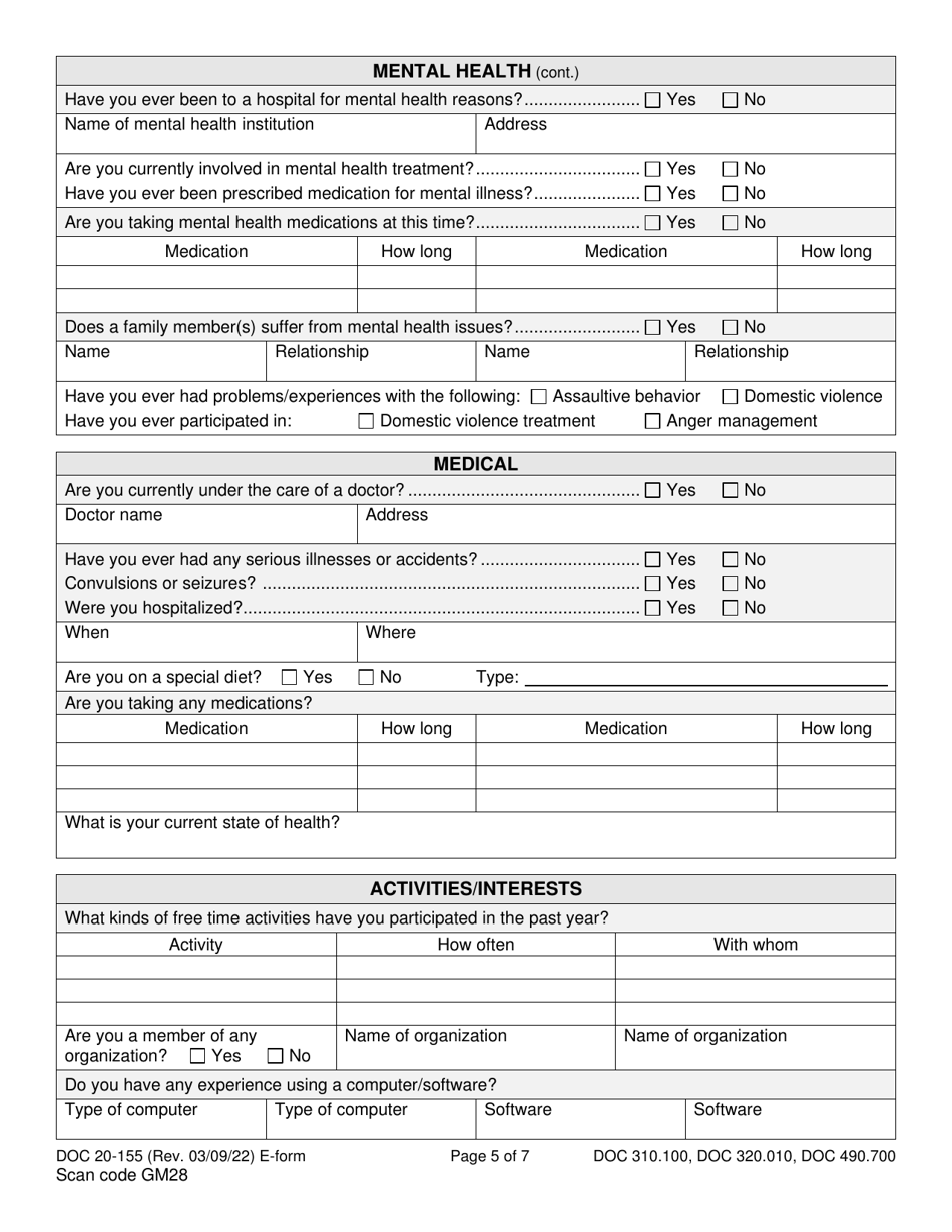 Form DOC20-155 Intake / Pre-sentence Report Information Sheet - Washington, Page 5