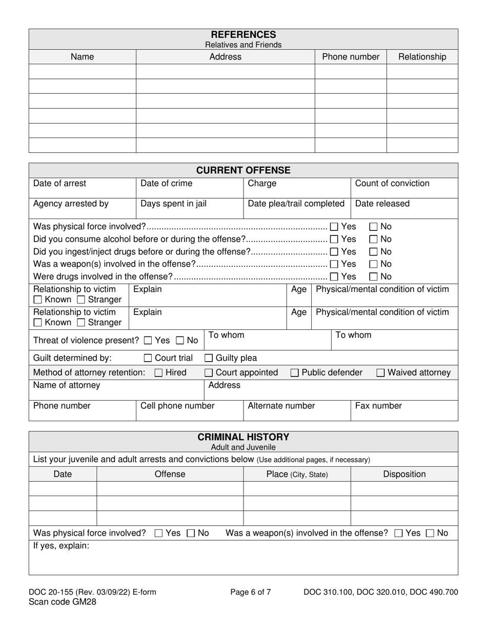 Form DOC20-155 Intake / Pre-sentence Report Information Sheet - Washington, Page 6