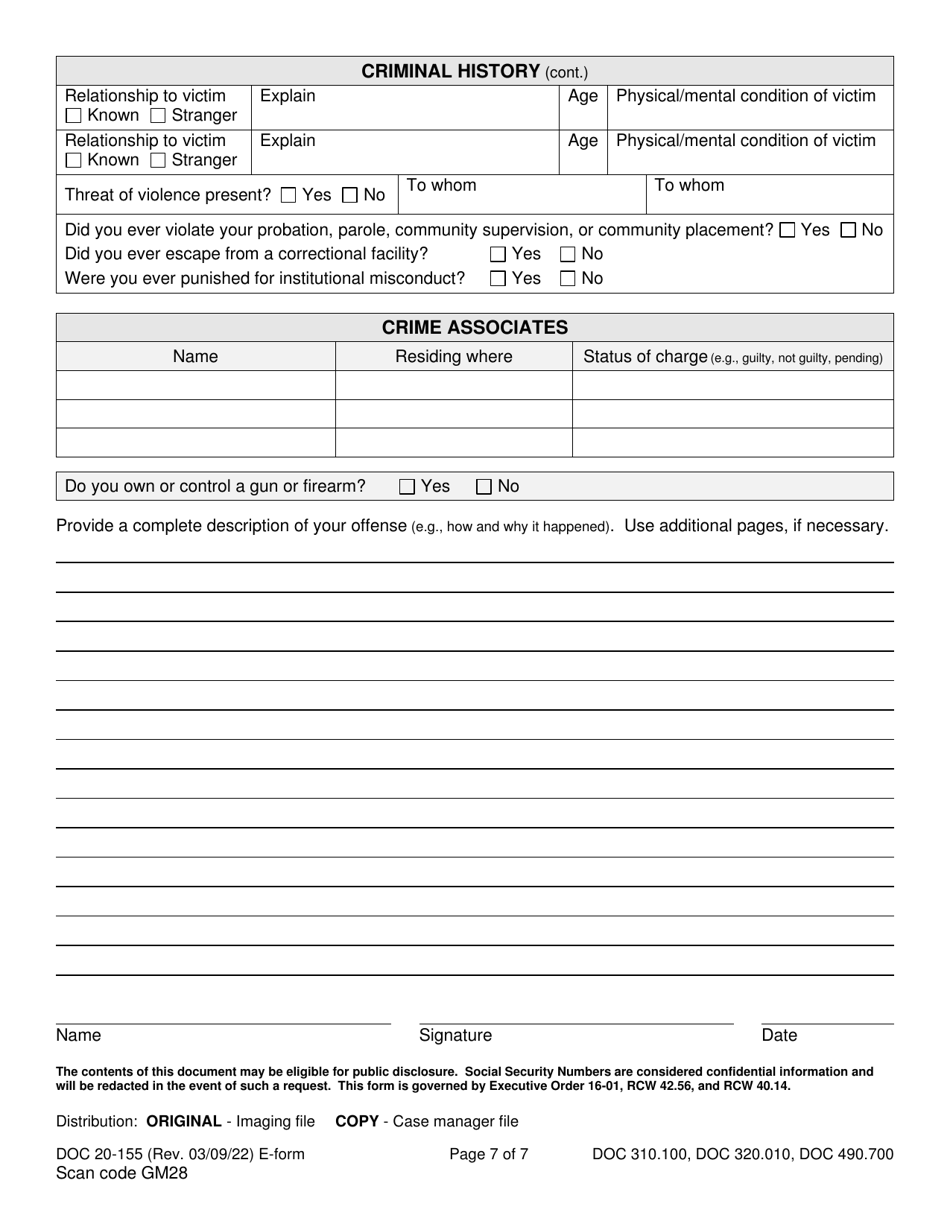 Form DOC20-155 Intake / Pre-sentence Report Information Sheet - Washington, Page 7