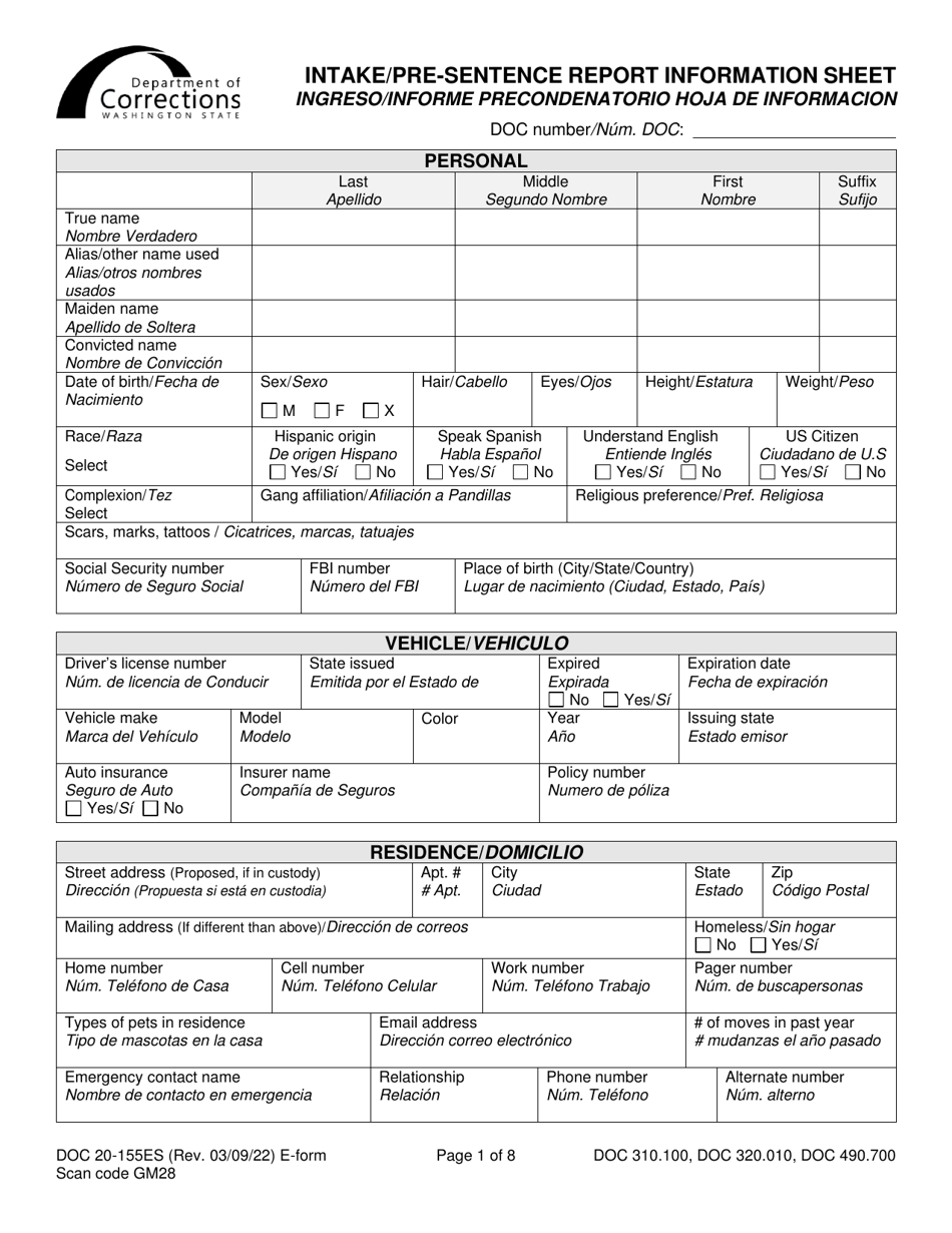 Form DOC20-155ES Intake / Pre-sentence Report Information Sheet - Washington (English / Spanish), Page 1