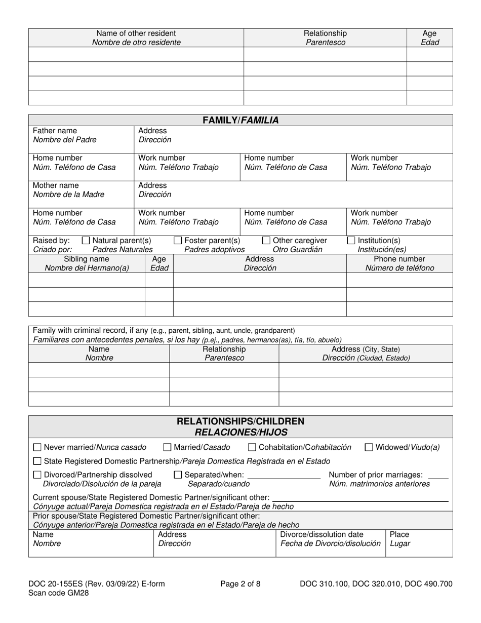 Form DOC20-155ES Intake / Pre-sentence Report Information Sheet - Washington (English / Spanish), Page 2