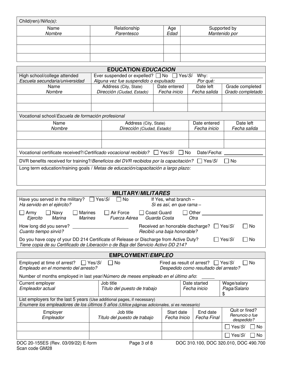 Form DOC20-155ES Intake / Pre-sentence Report Information Sheet - Washington (English / Spanish), Page 3