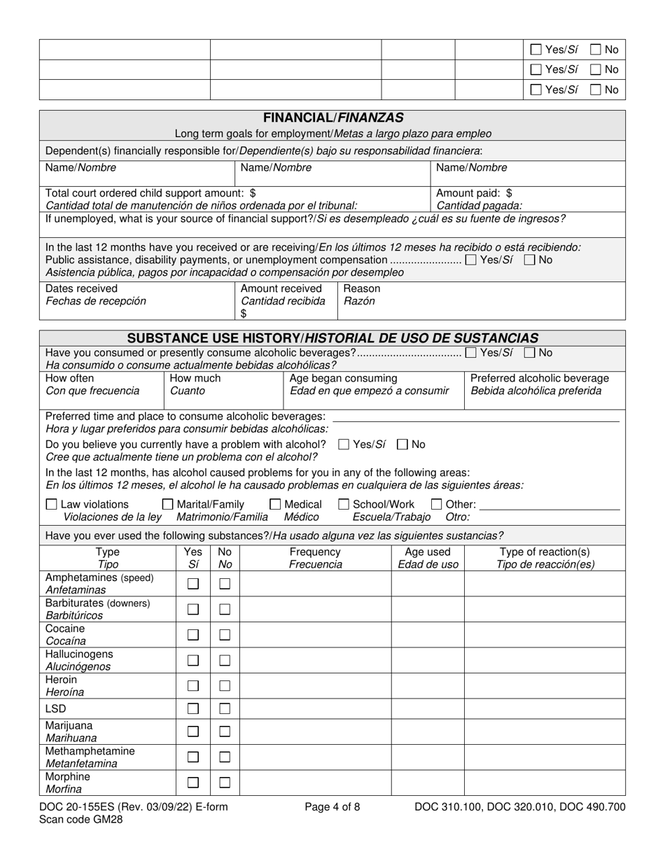 Form DOC20-155ES Intake / Pre-sentence Report Information Sheet - Washington (English / Spanish), Page 4