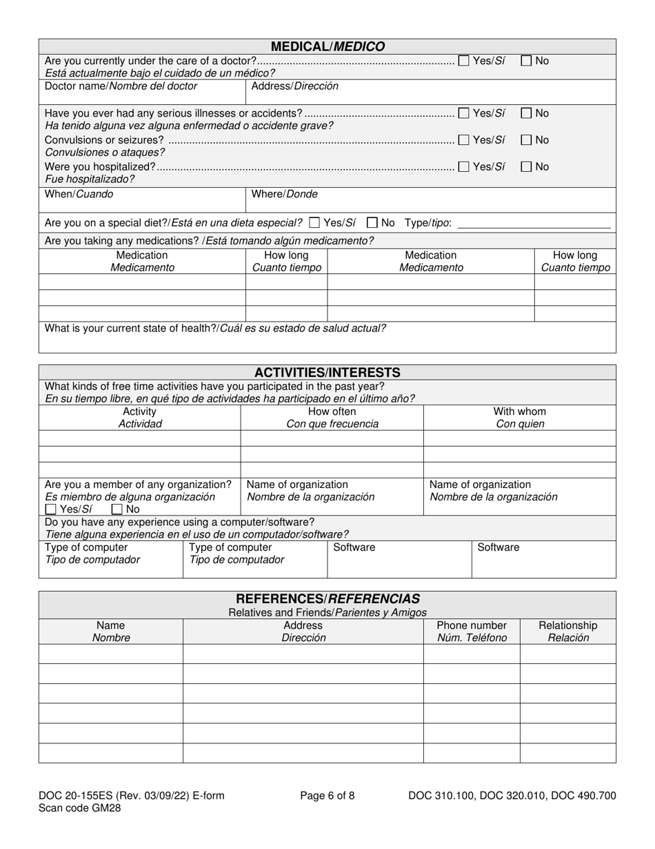 Form DOC20-155ES Intake / Pre-sentence Report Information Sheet - Washington (English / Spanish), Page 6