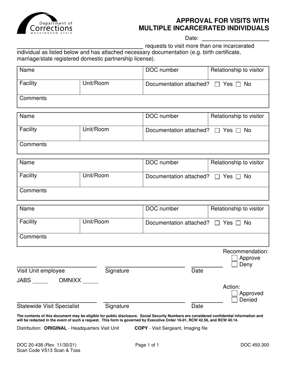 Form DOC20-438 Approval for Visits With Multiple Incarcerated Individuals - Washington, Page 1