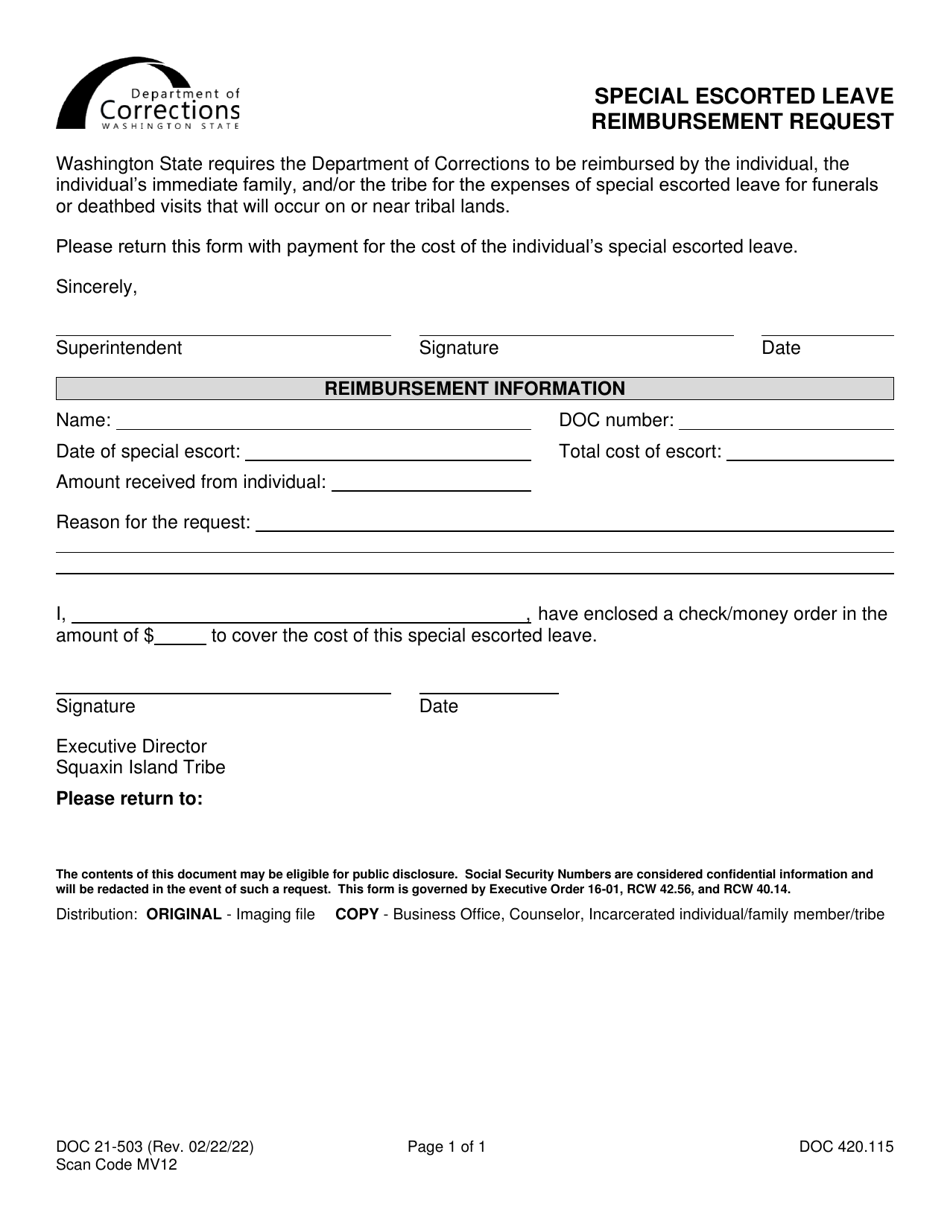 Form DOC21-503 Special Escorted Leave Reimbursement Request - Washington, Page 1