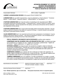 Form DOC21-575ES Acknowledgment of Visitor Search Requirements - Washington (English/Spanish)