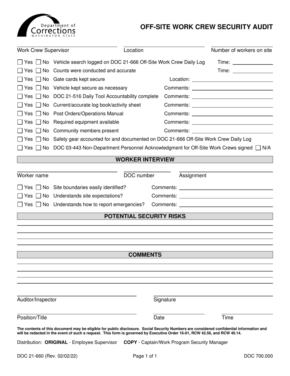 Form DOC21-660 Off-Site Work Crew Security Audit - Washington, Page 1