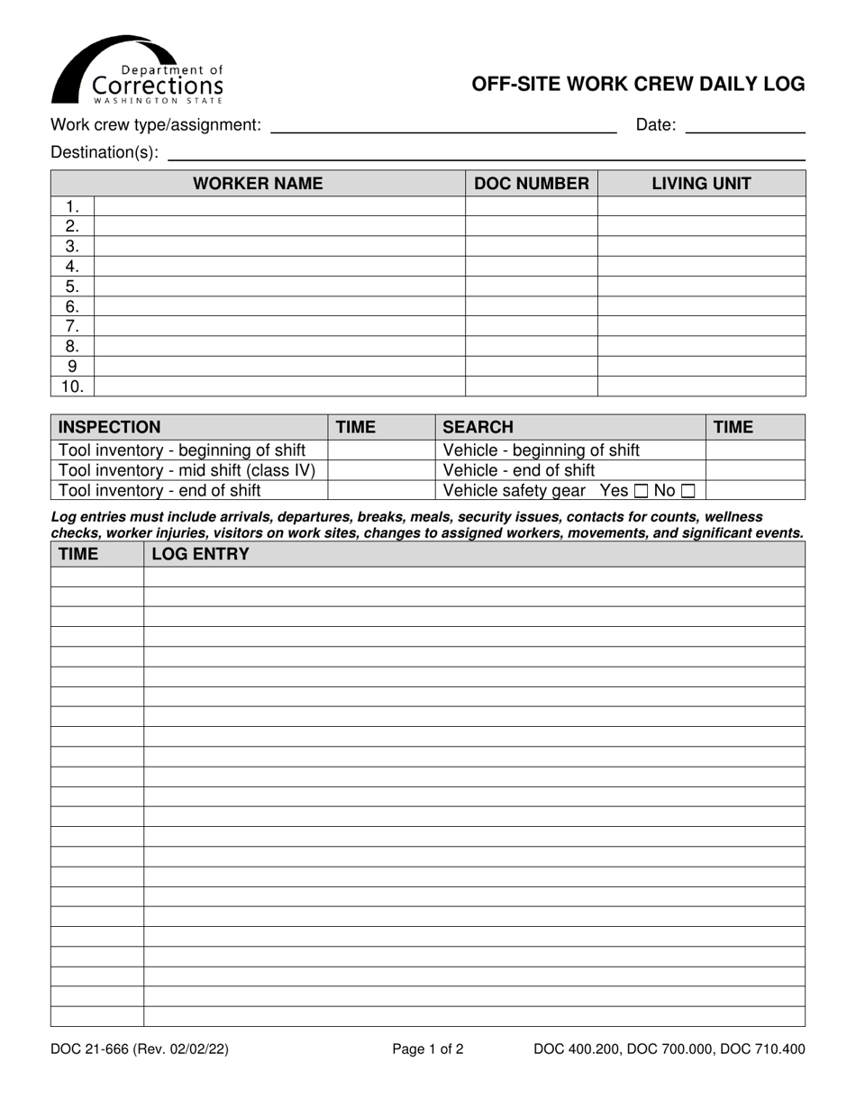 Form DOC21-666 Off-Site Work Crew Daily Log - Washington, Page 1