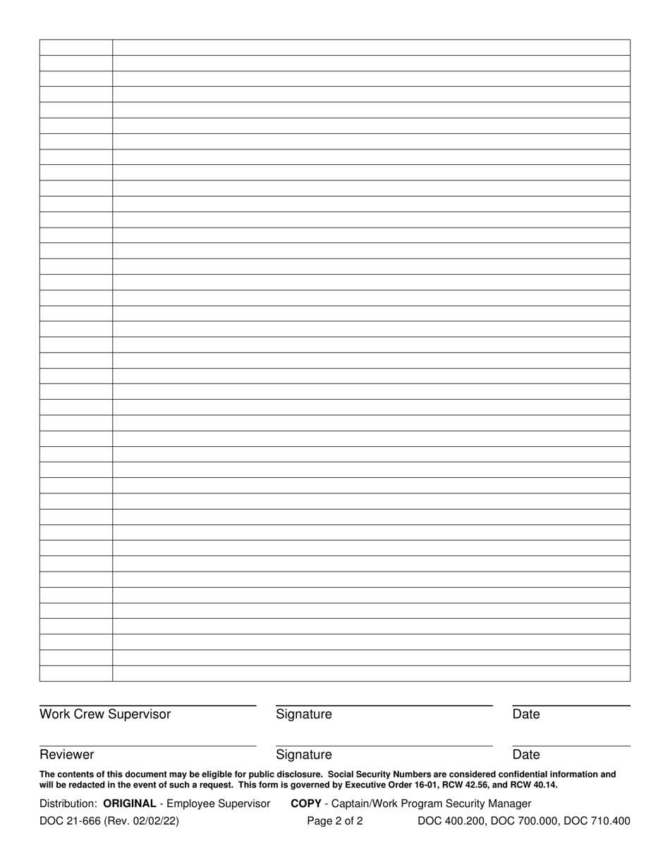 Form DOC21-666 Off-Site Work Crew Daily Log - Washington, Page 2