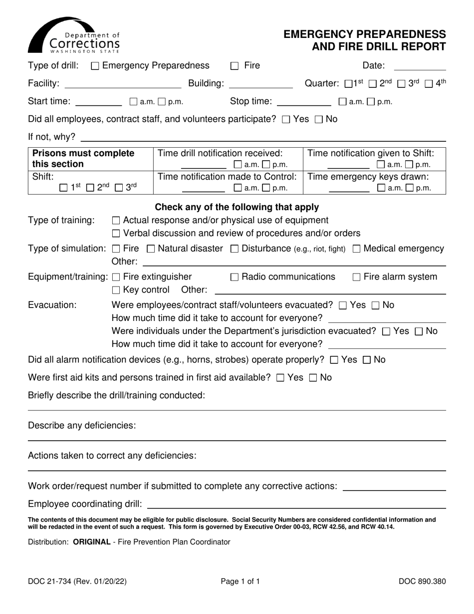Form DOC21-734 Emergency Preparedness and Fire Drill Report - Washington, Page 1