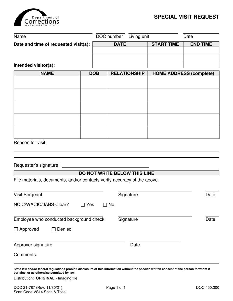 Form DOC21-787 Special Visit Request - Washington, Page 1