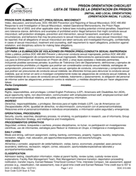 Form DOC21-992ES Prison Orientation Checklist - Washington (English/Spanish)