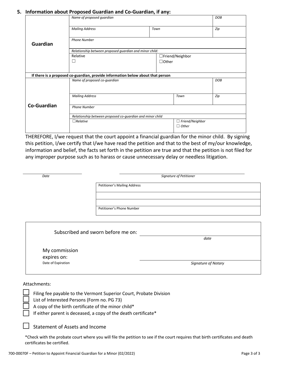 Form 700-00070F Petition to Appoint Financial Guardian for a Minor - Vermont, Page 3