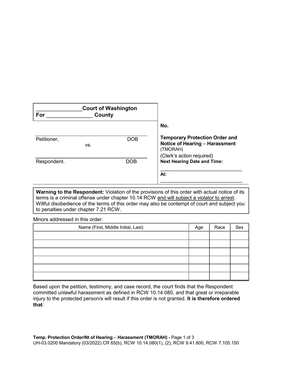 Form UH-03.0200 Temporary Protection Order and Notice of Hearing - Harassment - Washington, Page 1